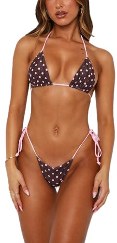 VnimVinter Women Sexy Brazilian Bikini Set Halter String Triangle Tie Side Cheeky Thong 2 Piece Bathing Suit Swimwear (Brown Pink Polka Dot, S)