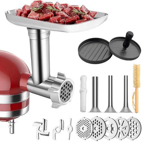 HOMGEN Hachoir à Viande pour Tous les Batteurs sur Socle Kitchenaid - Hachoir à Viande en Acier Inoxydable Inclus Tubes de Poussoir Saucisses, Plaques de Broyage, Lames de Broyage, presse à hamburger