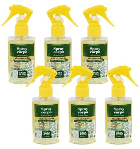 Pack Famiglia 6pz Spray Corpo Profumo alla Citronella Antizanzare con Olii Essenziali 100 ml Rinfrescante Repellente Zanzare Insetti in Genere Protezione 10 ore Formato Convenienza MADE IN ITALY