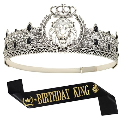 JITINX King Crown and Birthday Sash, King Crown for Men,Gold Men's Tiara Prince Diadem,Royal Medieval Cosplay Birthday Prom Halloween Hair Accessories (Antique Silver Black Crown)