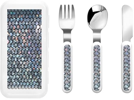 Silver Fish Scale Print Stainless Knife Fork Spoon 3-Piece Set,Flatware Cutlery Set with Storage Case