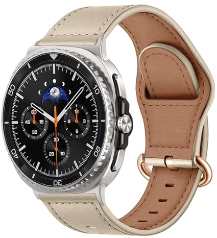 MiRowy Läderarmband för Samsung Galaxy Watch 8 40 mm 44 mm/Samsung Galaxy 8 Classic 46 mm 2025, metallspänne ventilerande klockarmband, läderband ersättningsband – beige