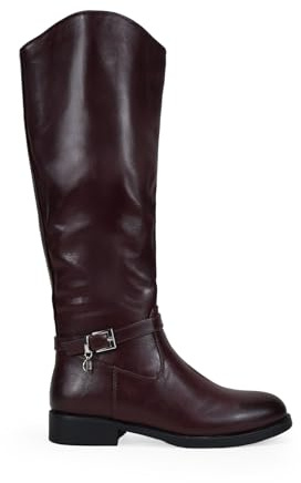 BOSANOVA Botas Altas Planas para Mujer Estilo Bota de Montar con Detalle de Tira con Hebilla metálica y Suela Plana Redonda. Cierre con Cremallera. Calzado para Mujer Burdeos 39