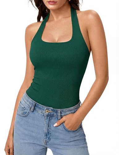 Aottori Women's Tank Top Summer Sleeveless Crop Halter Neck Vest UK Basic Sexy Backless Ribbed Slim Fit Shirts Ladies Casual Tanktop Solid
