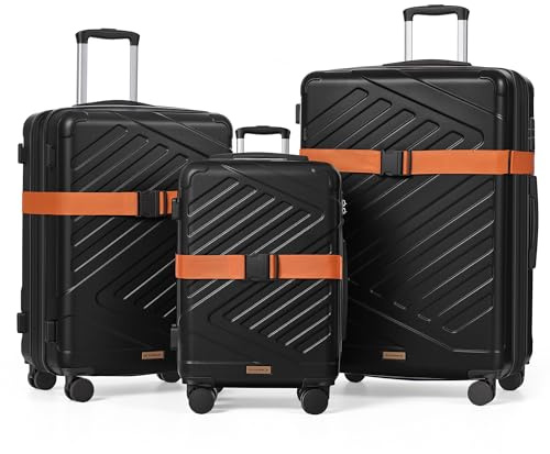 SONGMICS Valigie Rigide, Trolley da Viaggio, Chiusura TSA, Cinghie Incluse, Bagagli in ABS con 4 Ruote Doppie, Set di 3, Espandibile, da Cabina, M/L/XL, 55/65/75 cm, Nero Inchiostro RLP004B101