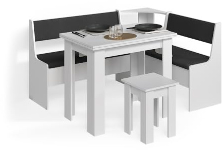 Livinity Gruppo panca ad angolo Tiberio, Bianco, 150 x 120 cm con tavolo