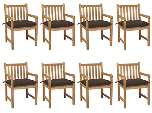 LoogCape Trädgårdsstolar 8 st med brungrå kudde, massivt trä teak, stapelbar och vikbar, hög rygg med armstöd, väderbeständig för balkong, terrass, trädgård, relaxstol med stoppning och ryggstöd