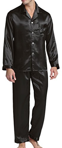 Sanraflic Men’s Sleepwear Satin Pyjama Set Nightwear Loungewear (Black, Medium)
