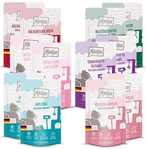 MjAMjAM - Premium Nassfutter für Katzen - Mixpaket V - 2*Wildlachs, 2*Garnele, 2*Hirsch, 2*Rentier, 2*Ziege, 2*Truthahn 12er Pack (12 x 125 g), getreidefrei mit extra viel Fleisch