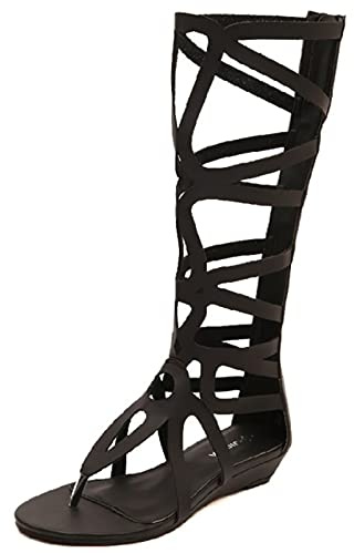 Jamron Dam Knä Höga Romerska Gladiator Sandaler Nitar Besatta Remmar Dragkedja Thong Sandaler Svart SN602C027 EU41