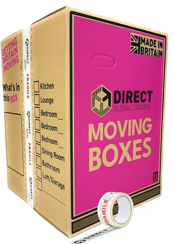 5 Strong Extra Large Tall Strong Cardboard Storage Packing Moving House Boxes with Carry Handles and Room List Fragile Tape 60cm x 44cm x 44.5cm 115 Litres