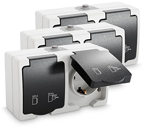 greate 3x Feuchtraum Steckdose Aufputz 2fach - Doppelsteckdose Aufputz mit Klappdeckel IP54, 250V, 16A, 2 polig - Aufputzsteckdose 2fach, Feuchtraumsteckdosen Aufputz, Steckdose Aussenbereich