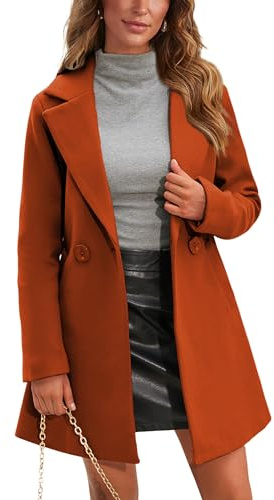 Springrain Women's Wool Pea Coat Notched Collar Double Breasted Midi Long Trench Coat Outwear (Caramel, L)