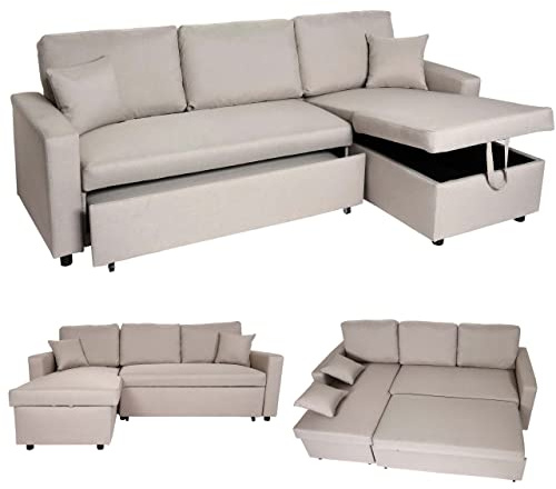 Mendler Ecksofa mit Bettkasten HWC-L17, Couch Sofa L-Form, Liegefläche Nosagfederung - beige, 94 x 228 x 151 cm