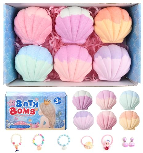 Litinliv 6pz Bombe da Bagno Bambini con sorpresa all'interno, Confezione regalo per palline da bagno, Sali da Bagno, bombe da bagno Fizzies da spa fatte a mano per ragazze con Gioielli Sirena
