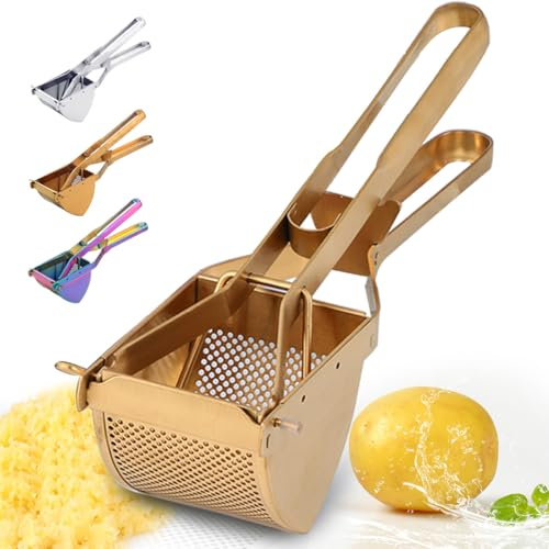 QRU Large Potato Ricer, Heavy Duty Stainless Steel Potato Masher for Commercial and Home Use, Fruit Press Baby Food Masher (Gold)