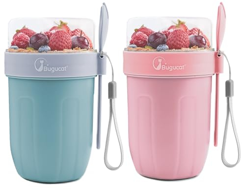Bugucat Tazza per cereali to Go 660 ml + 260 ml, 2 in 1 per yogurt to Go & Müsli Cup to Go Tazza con cucchiaio, a prova di perdite, per cereali, yogurt to Go per picnic, blu e rosa