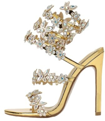 Hykytyhk Sandali da donna con strass e fiore a spirale, con tacco alto, color oro, Oro, 38 EU