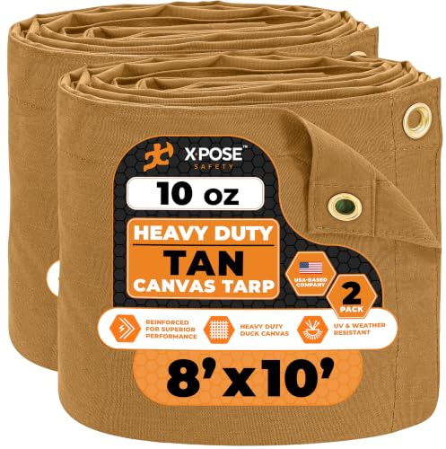 Xpose Safety Canvas Tarp - 10oz Tan Canvas Tarps Heavy Duty Water Resistant with Brass Grommets- Multipurpose Outdoor Tarpaulin for Camping, Canopy, Trailer, Equipment Cover 8' x 10' (2 Pack)