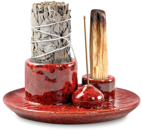 Soporte para incienso 4 en 1, cuenco de incienso para cada incienso, soporte de palo santo, soporte para incienso de cerámica, soporte para varillas de incienso, salvia blanca para ahumar (rojo)