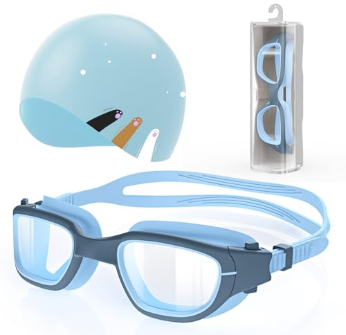 Kids Swim Goggles with Free Silicone Swim Cap in Candy Dual-Tone | Leak-Proof, Anti-UV Lenses for Ages 6-14, Includes Hard Case & Bonus Swim Cap