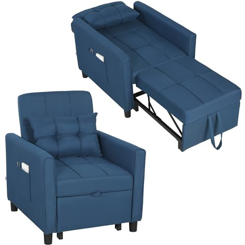 HOMCOM Poltrona Letto Singolo con Schienale Reclinabile su 3 Livelli, 2 Ruote e Cuscino, Divano Letto Singolo Pieghevole per Soggiorno in Tessuto Effetto Lino e Legno, 69x82x85cm, Blu