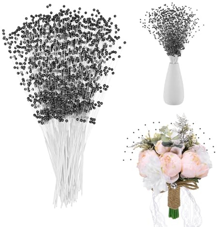 M METERXITY 100-Pack String Pearl Stick 9 Inch 4mm Pearls String Beaded Stick Pearl Bouquet Plastic Bead String Garland for DIY Crafts/Bouquet/Christmas/Wedding/Party [Black]