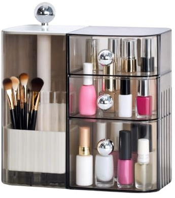 Colexy Organizador de maquillaje con Gavetas, Grande Acrílico Multiusos Almacenamiento Cosméticos para Tocador Dormitorio Baño Organizador de Perfume (Claro Negro)