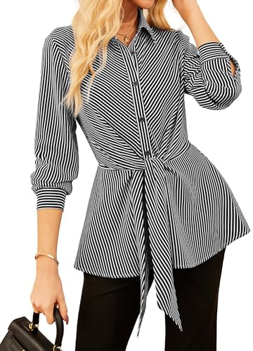 GRACE KARIN - Blusa a rayas de manga larga con botones para mujer, camisa de negocios con peplum, estilo business, con nudo en la parte delantera, Negro, XXL