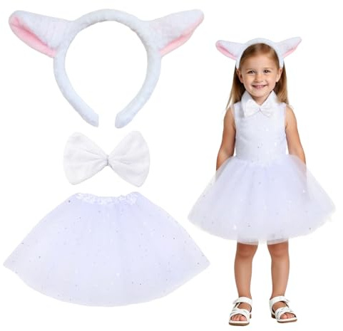 SAIIURV 3 Pièces Lot de Costume de Mouton Filles Bandeau Oreilles Mouton, Nœud Papillon Tutu pour Filles, Costume Agneau, Oreilles Agneau pour Fête Jungle Halloween Noël Carnaval (3 Pièces)