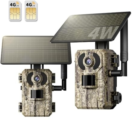 Pack de 2 Cámaras Fototrampeo Solar 4G LTE con SIM, sin WiFi, Batería 10400 mAh, Visión Nocturna Infrarrojos Invisible 950nm, Audio 2 Vías, Activación 0,2s, IP66