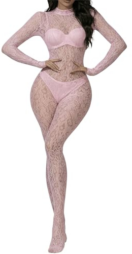 Eagerlove Body de Red Mujer Body de Encaje Leopardo Mono de Cuerpo Completo One Piece Lingerie de Malla para Fiesta Club Rosa Talla Única