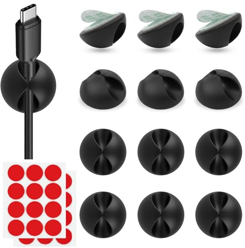 12PCS Cord Holder Cable Clips, Cord Organizer Holder with Back Adhesive for Phone Charger Mouse Laptop, Wire Management Keeper for Desk Office Home Nightstand Wall (12PCS Black)