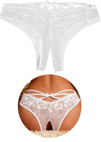 comeondear Tangas Mujer Abierto Tanga de Encaje Talla Grande Bragas Brasileñas Tanga Abierta Sin Entrepierna Thong Transparente String Ouvert Cintura Baja Divertida Underwear Lazo Blanco,M