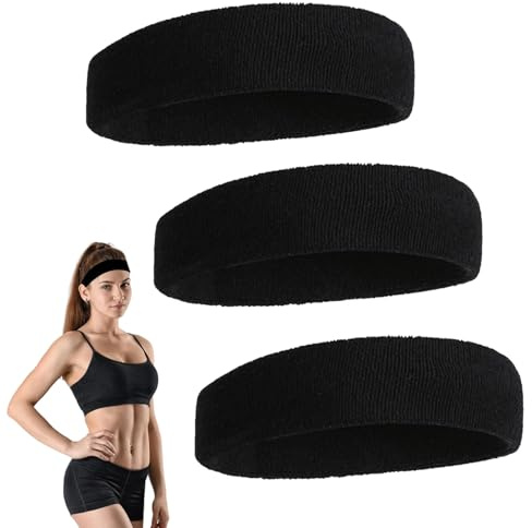 3 Pack Black Sweat Bands, Stretch Sports Headbands for Running | Elastic Fabric, 3 Black Headbands, Absorbent, Quick‑Drying, Non‑Slip Stretch Fit, Unisex, for Running, Gym, Cycling and Yoga