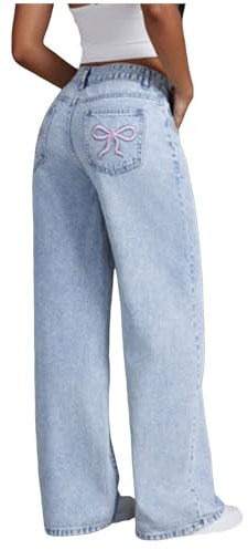 Générique Jeans Filles Enfants Baggy Pantalon Jambes Larges Taille Élastique Loose Fit Y2K Pantalon Long Denim Decontracte Jeans avec Poches 4-14 Ans