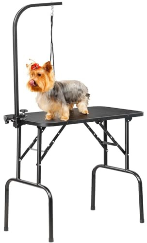 Yaheetech 32-inch Foldable Pet Dog Grooming Table with Adjustable Height Arm Drying Table for Home w/Noose for Small Dogs Cats Non-Slip Maximum Capacity Up to 220lbs Black