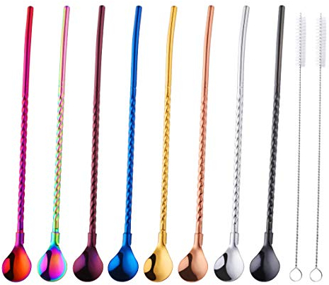 Buyer Star Cannucce Cucchiaio Acciaio Inossidabile 8 riutilizzabili Cannucce di Metallo 2 Spazzola di Pulizia Mescolando di Paglia Lunghezza 8,5 Pollici