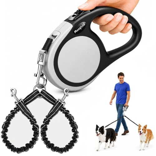 Double Retractable Dog Leash for Two Dogs Up to 110 lbs - 16 ft Coupler Leashes for Small Medium Dogs - One Locked System, Non Slip Grip, Tangle Free (Grey)