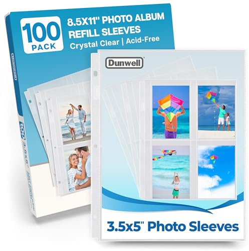 Dunwell Photo Sleeves for 3-Ring Binder, (3.5x5, 100 Pack) for 800 Pictures, Each Photo Page Holds 8 Pictures or 4 Seed Packets, Acid-Free Poly Plastic 3.5 x 5 Album Refill Pages