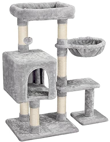 Yaheetech Katzenkratzbaum Katzenbaum stabil Kratzbaum, 96cm hoch mit Korb Höhle und Sisal, Kletterbaum Katzenparadis, Hellgrau