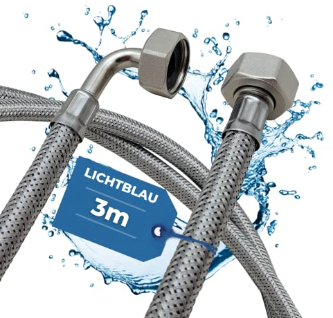 Lichtblau Knickfester Edelstahlschlauch Zulaufschlauch I 3,0m I Anschluss 3/4 Zoll Waschmaschine Geschirrspüler I Panzerschlauch Winkel/Gerade inkl. Dichtung I universell verwendbar