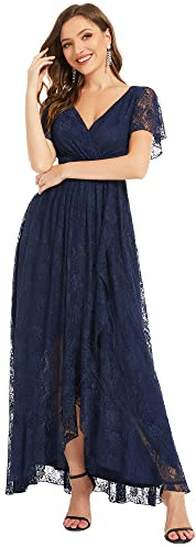 Ever-Pretty Robe de Bal Femme Longue Asymétrique Dentelle Manches Courtes Col V Fluide Chic Bleu Marine 54