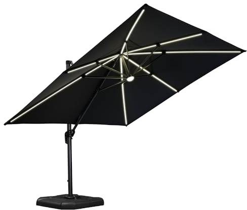 PURPLE LEAF Parasol de jardin 3 x 3 m avec lumière LED solaire, parasols d'extérieur inclinable et rotation de 360°, parasol de balcon avec 8 lattes en aluminium et toile protection UV, gris