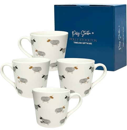Polly Stockton Chic Sheep Mugs - Ceramic Coffee & Tea Mugs with Charming Animal Design. Tasteful Everyday Homeware, a Thoughtful Gift for All Animal Lovers - Set of 4, 400ml Capacity.