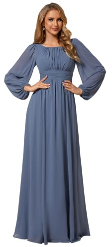 Ever-Pretty Robe pour Mariage Invité Femme Longue Manches Longues Col Rond Mousseline Chic Bleu Poussiéreux 46