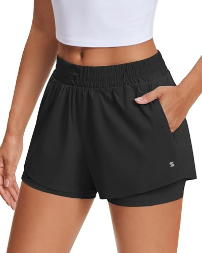 Stelle Women's 2 in 1 Running Shorts Athletic Workout Gym Shorts High Waisted Shorts with Liner Zipper Pockets (Black, X-Large)