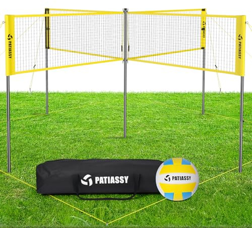 4 Square Volleyball Game Set, 4 Way Net System with 16FT & 32FT Court, Adjustable Height Backyard Badminton Combo, Portable Outdoor Kit with Ball, Pump, Boundary Line, Carry Bag