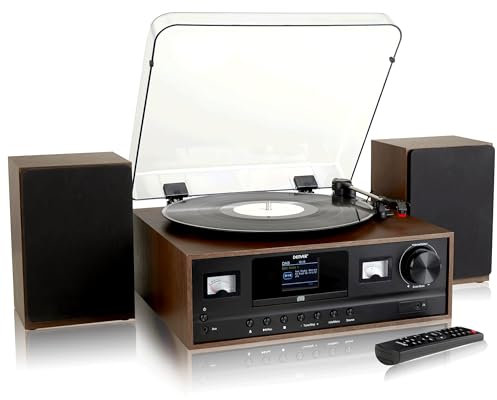 Denver MRD-52 Record Player Hi-Fi System With 2.4-inch Colour Screen - CD Player, DAB/DAB+ & FM Radio, Bluetooth, Aux In, Remote Control, Wooden Body & Speakers – Dark Wood, MRD-52DARKWOOD