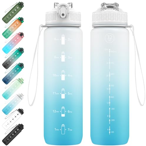 NAVTUE 1L Trinkflasche, Sport-Wasserflasche mit Strohhalm, Zeitmarkierungen, auslaufsicher, Tritan, BPA-frei, Wasserflasche für Schule/Radfahren/Laufen(Blau weiß)